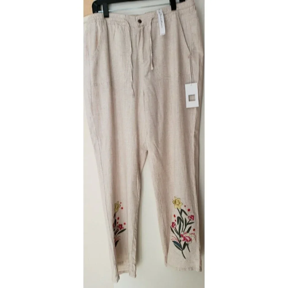 NEW STYLE ME BEACH LINED EMBROIDERED PANTS SZ LARGE - Picture 2 of 6